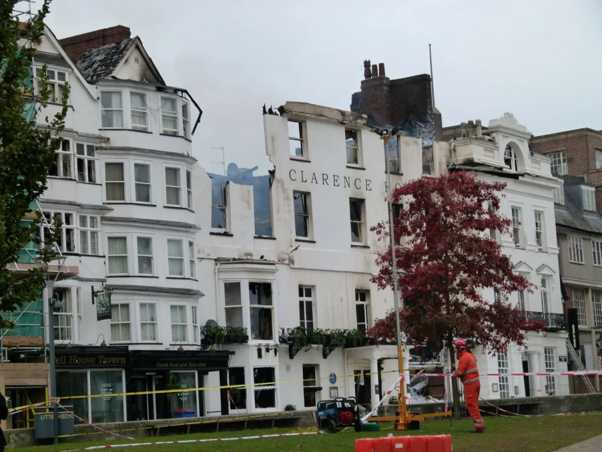 The fire-damaged front of the Royal Clarence on Cathedral Green in 2016